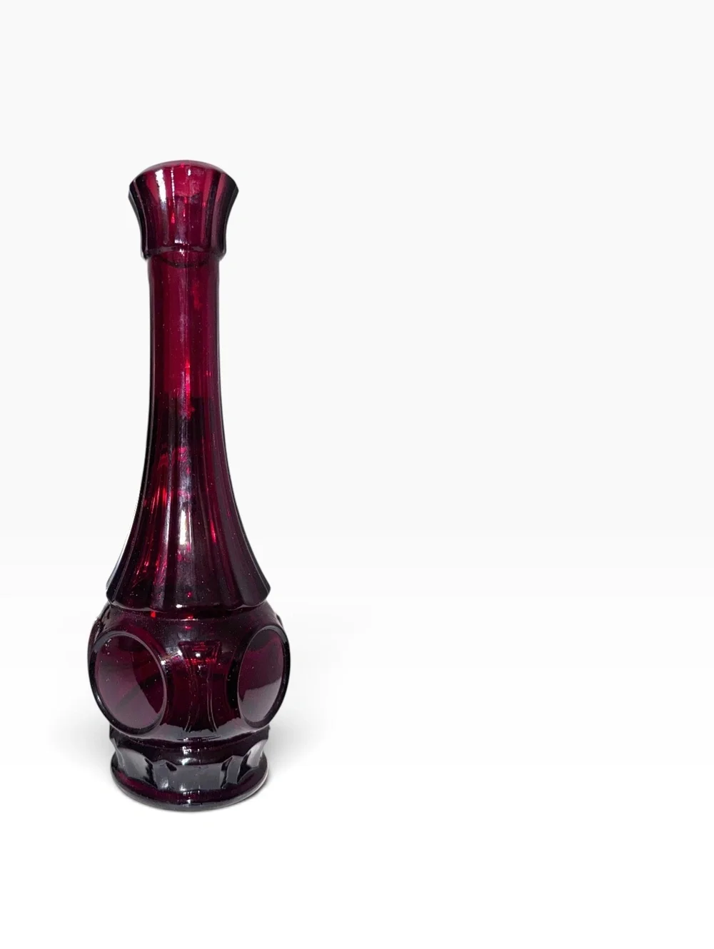 Vintage Ruby Red Glass Bud Vase with Raised Circular Motif, Mid-Century Modern
